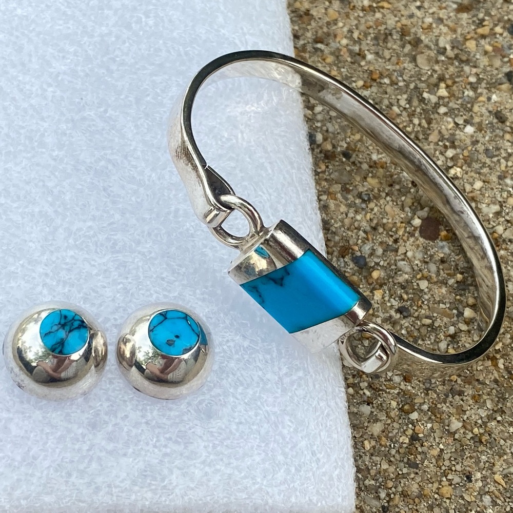 Taxco Mexico Sterling Silver and Turquoise Matching Bangle Bracelet and Earrings